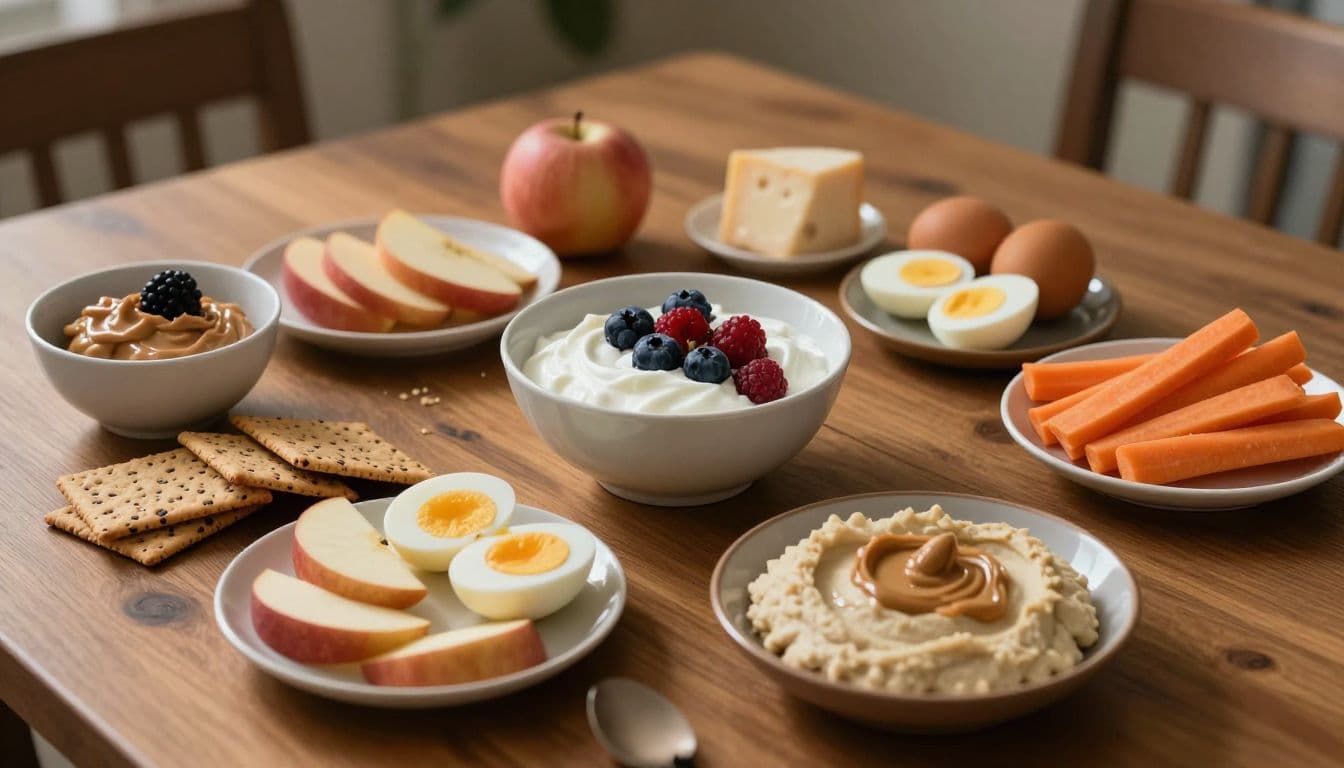 A rustic wooden table displays an assortment of nutritious snacks including Greek yogurt, fresh fruit, hard-boiled eggs, cheese, crackers, and hummus. Soft natural light illuminates the colorful variety of wholesome foods.