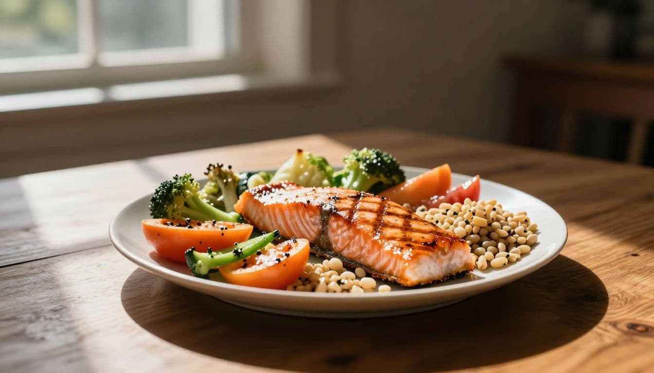 A rustic wooden table holds a ceramic plate featuring a perfectly grilled salmon fillet, vibrant steamed broccoli, bell peppers, and a base of wholesome grains. Warm sunlight highlights the fresh textures.