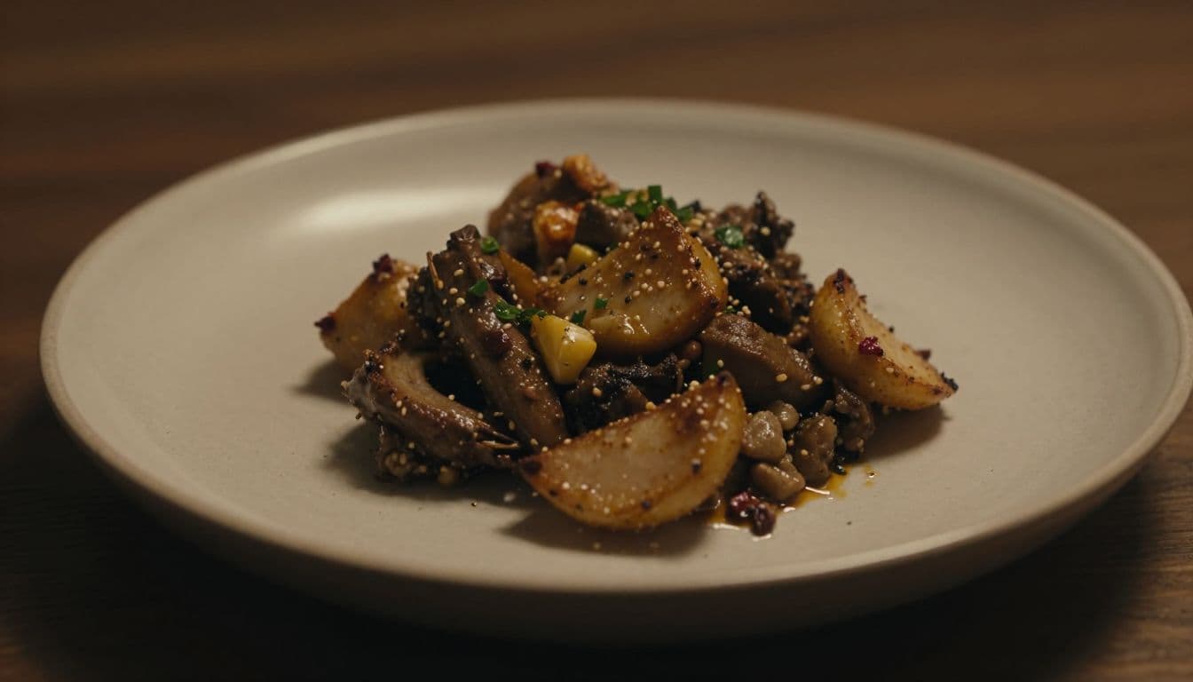 A modest serving of vibrant, healthy ingredients sits centered on a minimalist ceramic plate. The warm ambient lighting highlights the fresh textures while creating elegant, deep shadows across the table surface.