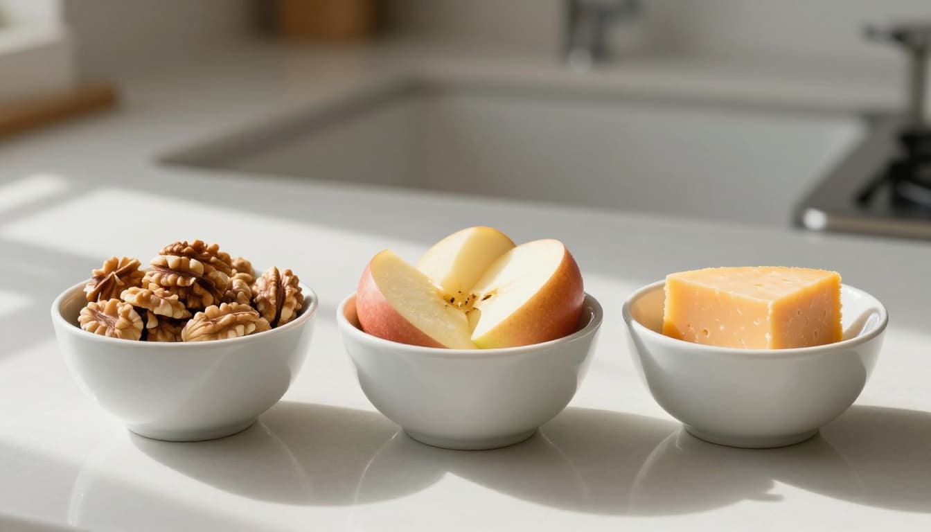 Three bowls on a kitchen counter contain nuts, apple slices, and cheese to demonstrate balanced snacking.