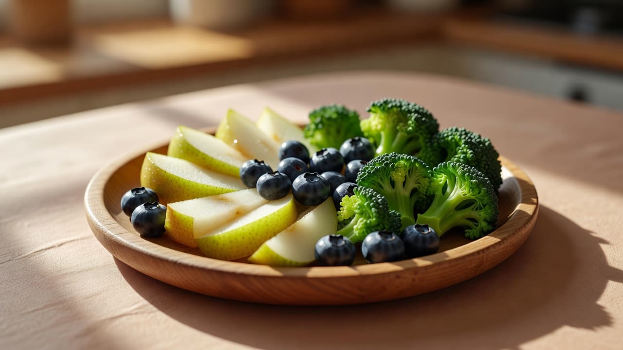 A wooden plate rests on a warm-toned table, filled with slices of sweet pear, fresh blueberries, and steamed broccoli florets. Morning light highlights the natural textures of this nutritious snack.