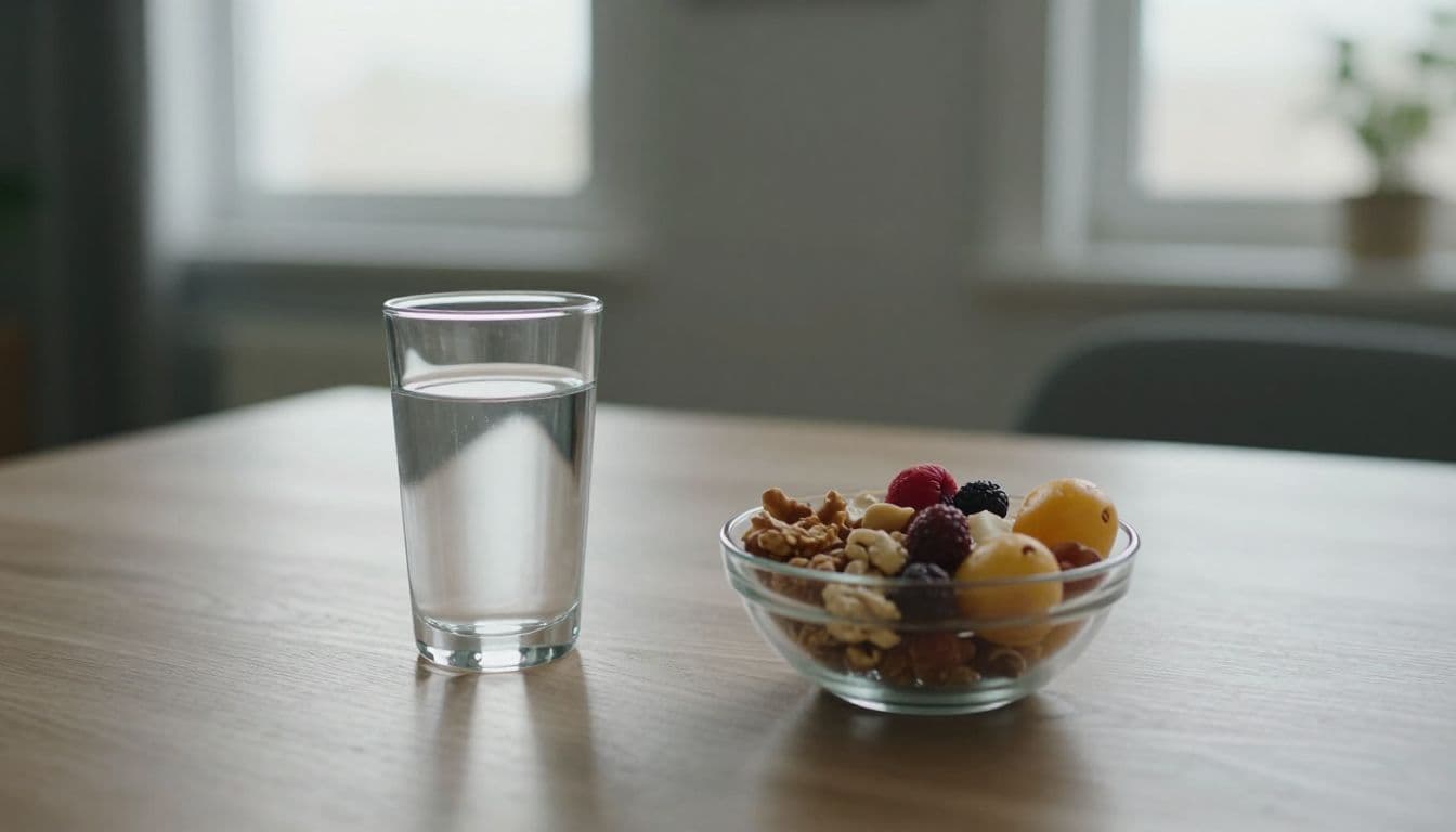 A glass of refreshing water sits next to a small bowl filled with almonds and fresh berries on a clean desk. Soft sunlight streams across the organized surface creating gentle shadows.