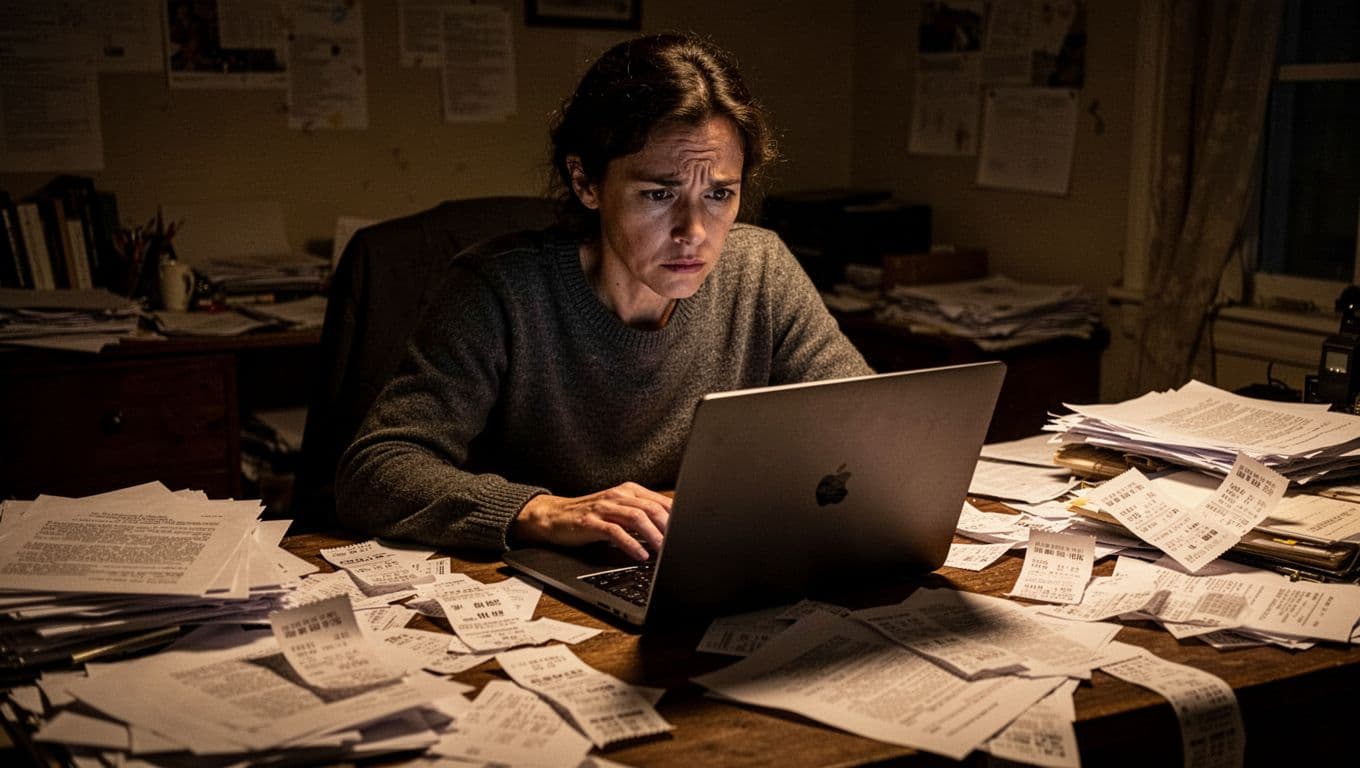 A person sits at a cluttered desk overflowing with stacks of receipts and scattered papers while staring at a laptop screen. Intense shadows and dramatic lighting highlight their expression of deep concern.