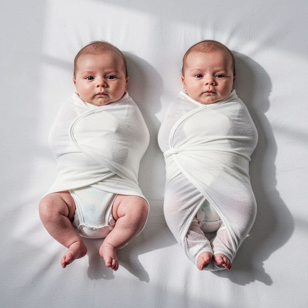 Side-by-side swaddles: left loose bottom allows leg movement, right tight bottom forces legs straight.