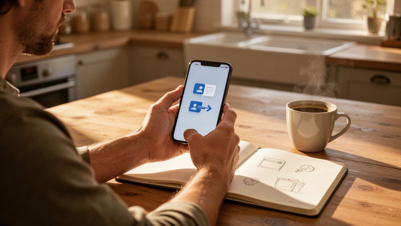 A single person seated at a kitchen table in morning light holds a smartphone displaying a vague bank app interface with two account icons and a transfer arrow, alongside an open notebook with sketches and a coffee cup, in realistic style with warm natural lighting.