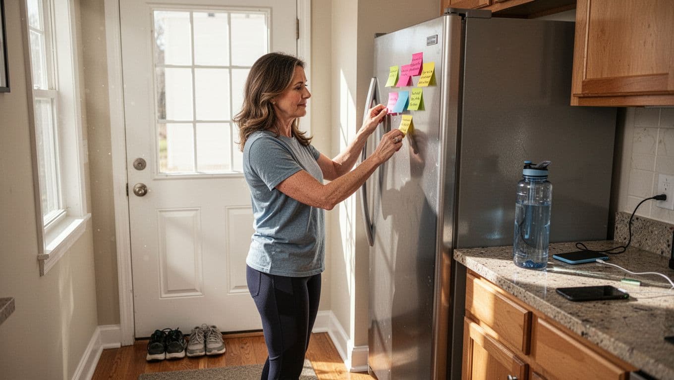 Shoes by door, fridge with colorful sticky notes, water bottle on counter, phone on charger with alarm visible, mom placing note in background.