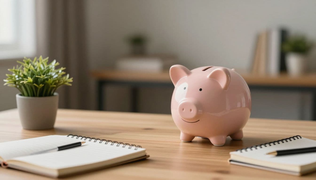 A clean wooden desk surface features a ceramic piggy bank positioned beside a small green succulent and an open notebook. Soft golden light illuminates these items against a shallow blurred background.