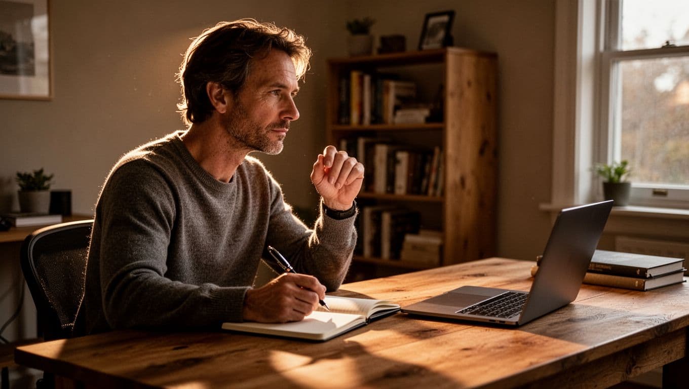 A focused individual sits at a dark wooden desk, holding a pen above an open notebook while a modern laptop rests nearby. Dramatic side lighting highlights the concentration on their face.