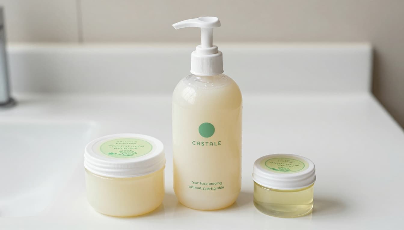 Clear pump bottle of pale liquid on white counter with castile soap bottle, aloe vera gel jar, and coconut oil container.
