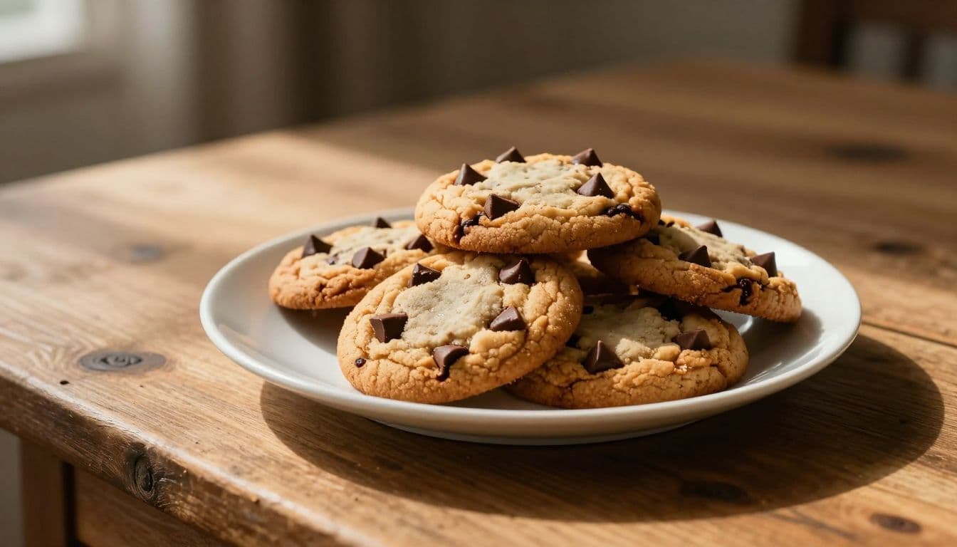 A stack of warm chocolate chip cookies rests on a simple white plate atop a rustic wooden table. Golden sunlight hits the textured crumbs, emphasizing the comforting and cozy atmosphere.