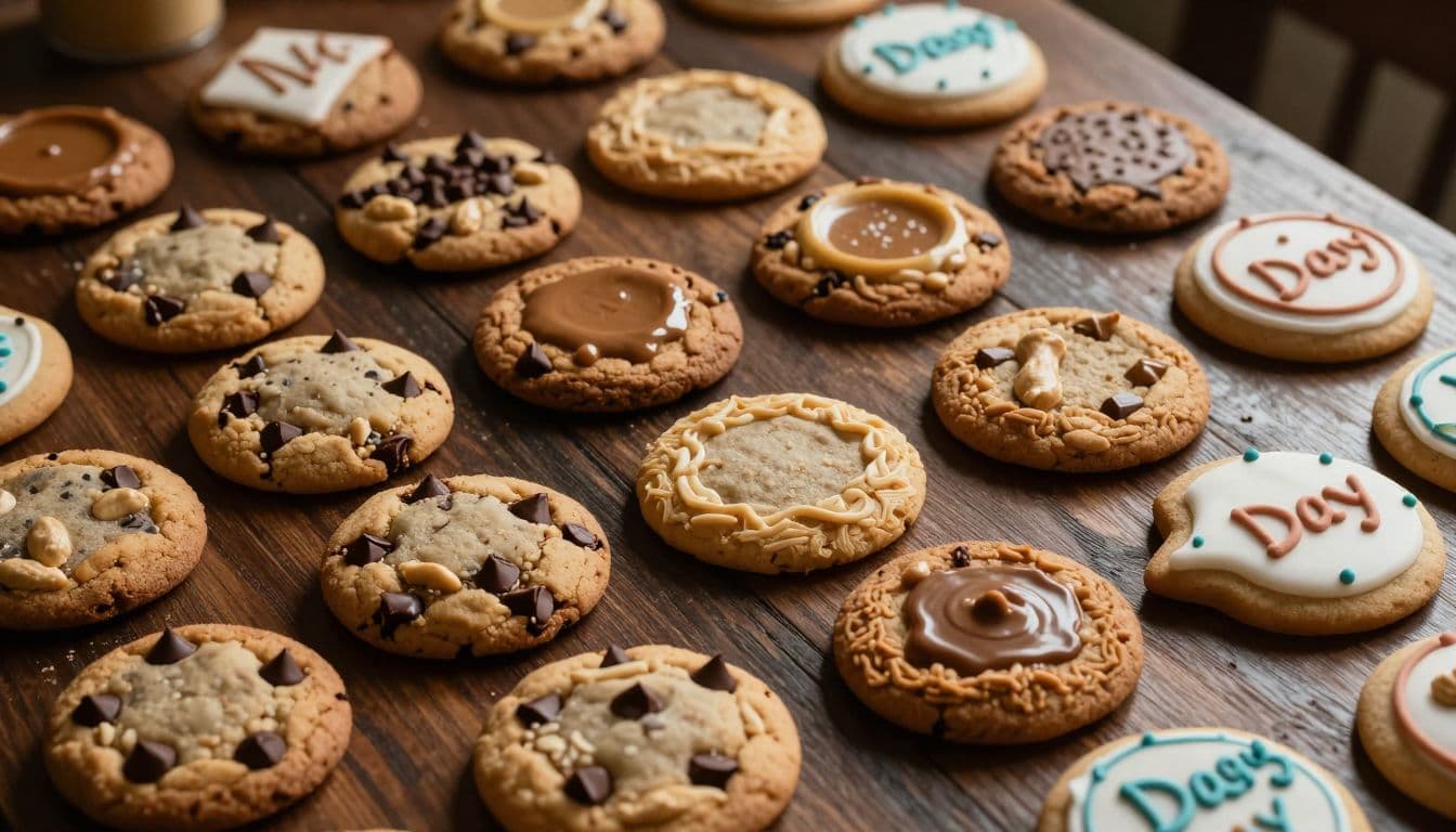 A rustic wooden tabletop is scattered with a variety of freshly baked cookies, including chocolate chip, peanut butter, and frosted sugar treats, illuminated by warm, dramatic highlights from above.