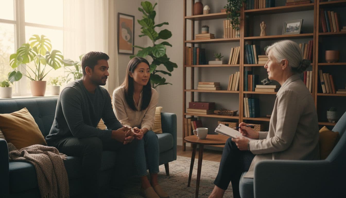 A diverse couple in their 30s sits across from an attentive therapist in a cozy office with plants and bookshelves, looking engaged and hopeful under warm natural light in a realistic photograph.