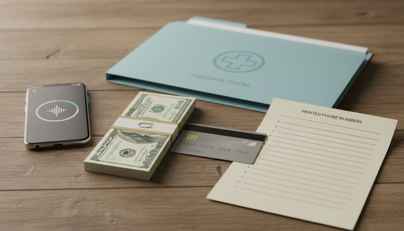 Neat arrangement of four shared hospital bag items for labor: cash and credit card, contraction timer device, printed phone numbers list, and discharge papers folder. Realistic photo on wooden table with soft lighting, exactly these items only.