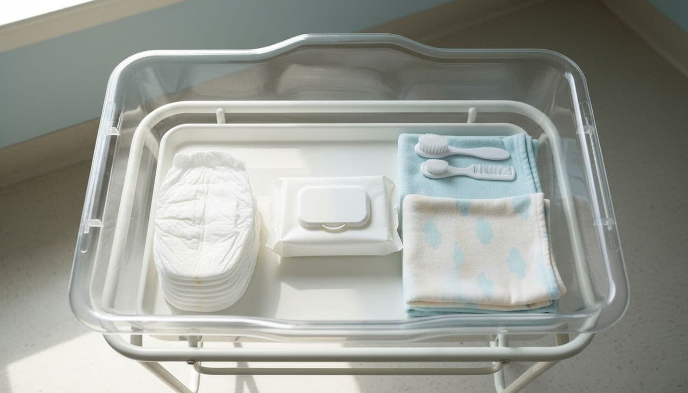 Clean hospital bassinet featuring stacked newborn diapers, baby wipes, folded receiving blankets, and a brush-comb set on a white tray in a bright nursery, top-down realistic photo with soft lighting.