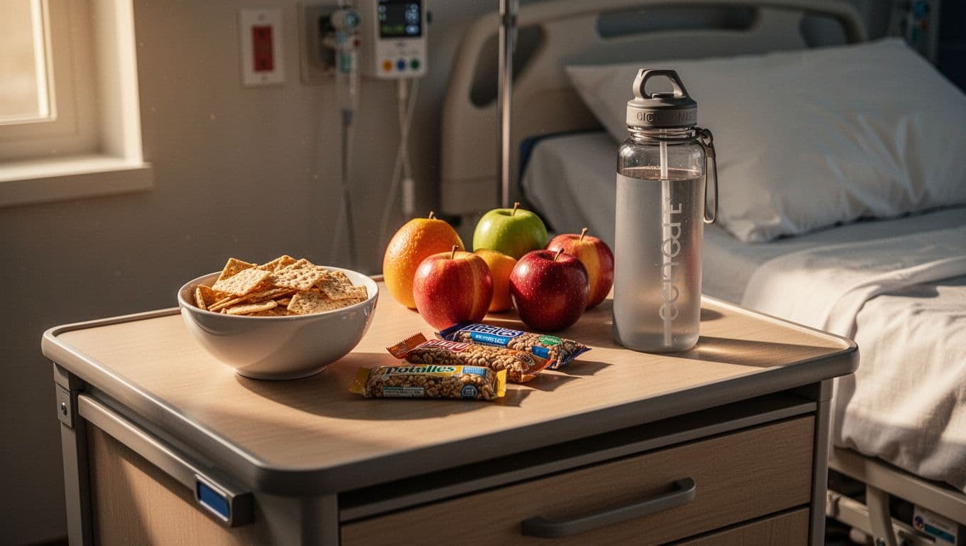 A clean hospital table features a ceramic bowl of crackers, packaged granola bars, and fresh fruit. A sleek reusable water bottle rests nearby, illuminated by warm light streaming from a window.