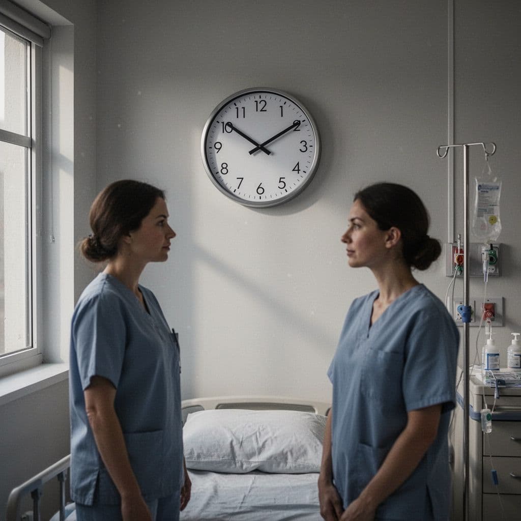 Close-up of hospital room clock with calm focused mother in dimly lit background.