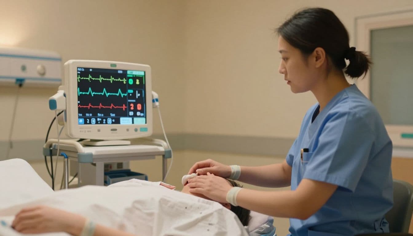 A healthcare provider watches a medical screen displaying fetal heart rate graphs in a softly lit delivery room. The warm environment emphasizes clinical focus, safety, and attentive patient care during birth.