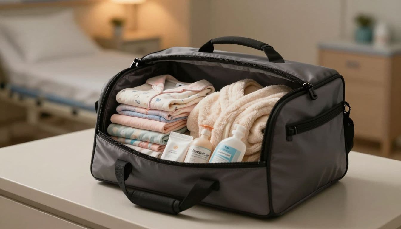 A soft fabric bag rests on a clean white table, partially opened to display neatly folded pajamas and a plush robe. Small travel-sized toiletries sit tucked away near the bag's edge.