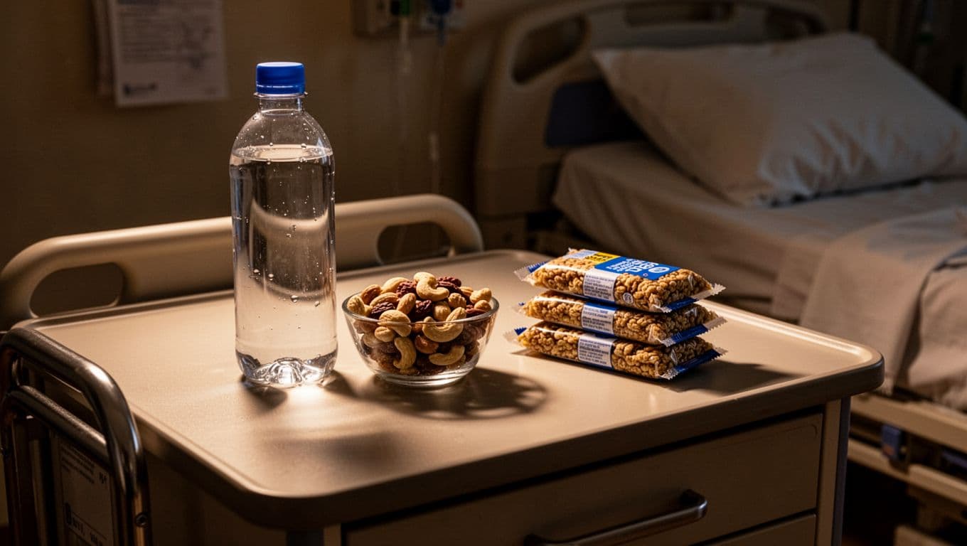 A clear plastic water bottle sits alongside a small bowl of assorted nuts and granola bars on a bedside table. Dramatic side lighting creates a warm, comforting glow across the surface.