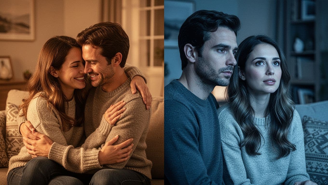 Split scene realistic photography showing a couple in a warm loving embrace on the left side smiling closely, transitioning to the right side where the man turns away with a distant expression while the woman looks hopeful, in a cozy indoor setting shifting from warm to cool tones.