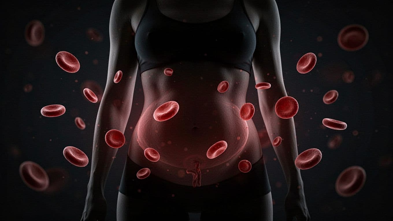A dark, high-contrast silhouette of a stomach rests against a shadowy background. Small, glowing abstract cells float rhythmically around the organ, highlighting a professional study of human digestive health.