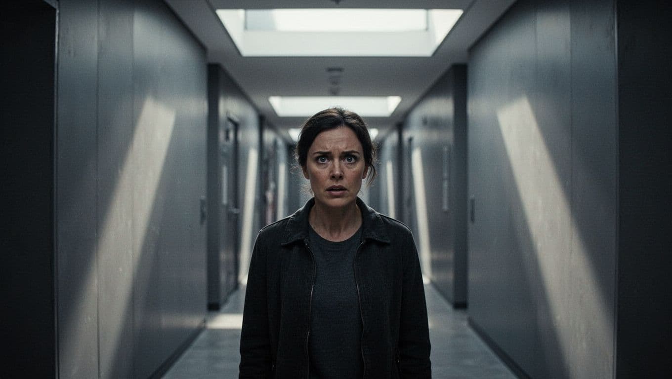 A person stands in a dimly lit hallway with a tense posture and wide, alert eyes. Dramatic shadows stretch across the walls, emphasizing a sense of unease and constant nervous vigilance.