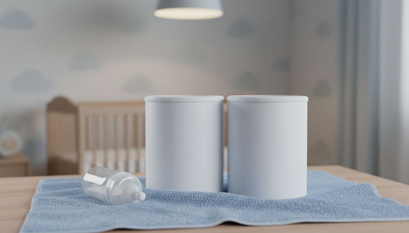 Two cans of hypoallergenic baby formula arranged on a soft blue towel in a calm nursery room, with a baby bottle nearby under gentle overhead lighting. Photorealistic close-up featuring high detail, clean soothing composition with no text, labels, people, watermarks, or logos.