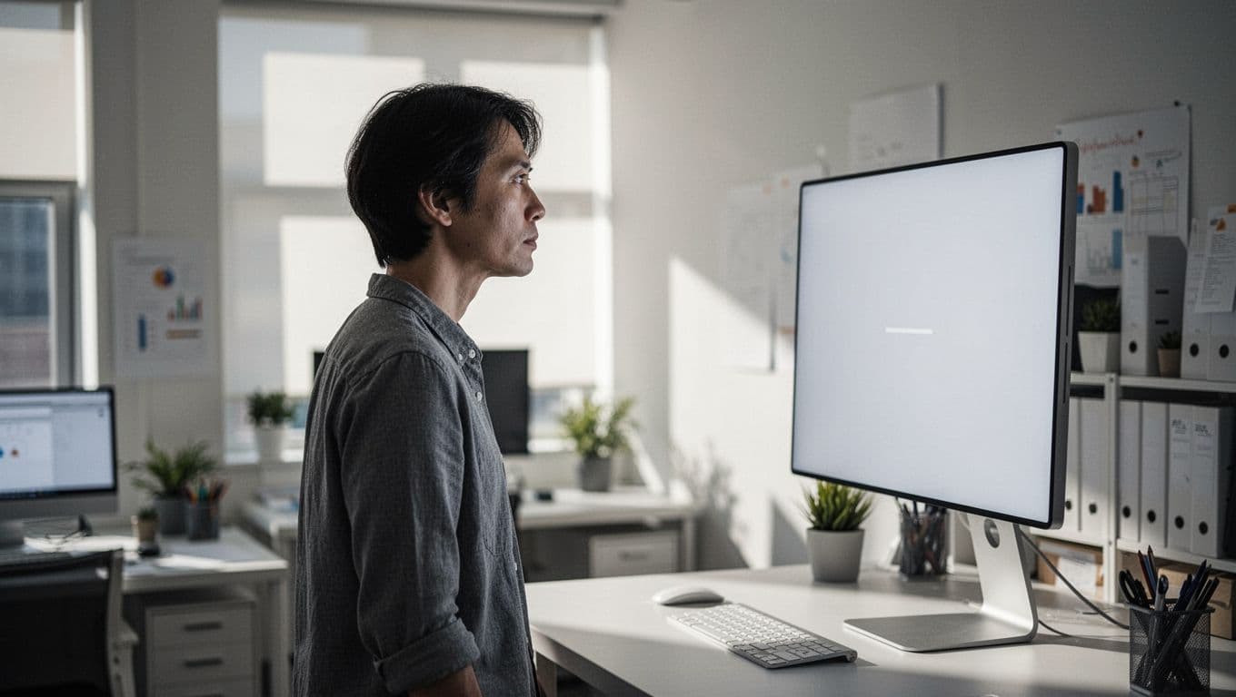 A person stands in a sunlit room viewing a glowing screen that displays floating data points. Soft shadows highlight the clean workspace while a blurred background emphasizes their focused posture.