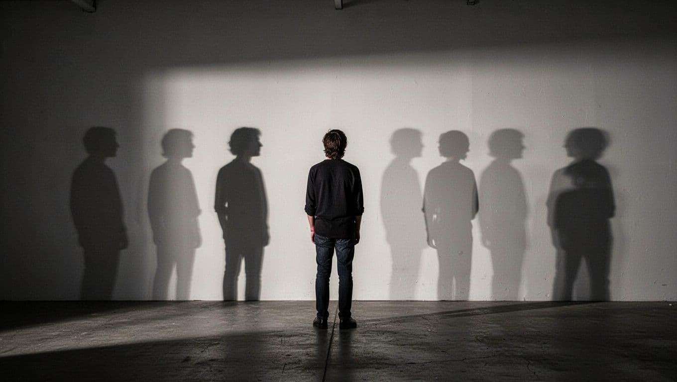 A silhouette of an individual stands before a stark wall, intently examining a sequence of identical shadows. Dramatic overhead lighting creates high-contrast projections that visualize a cycle of repetitive behavioral habits.