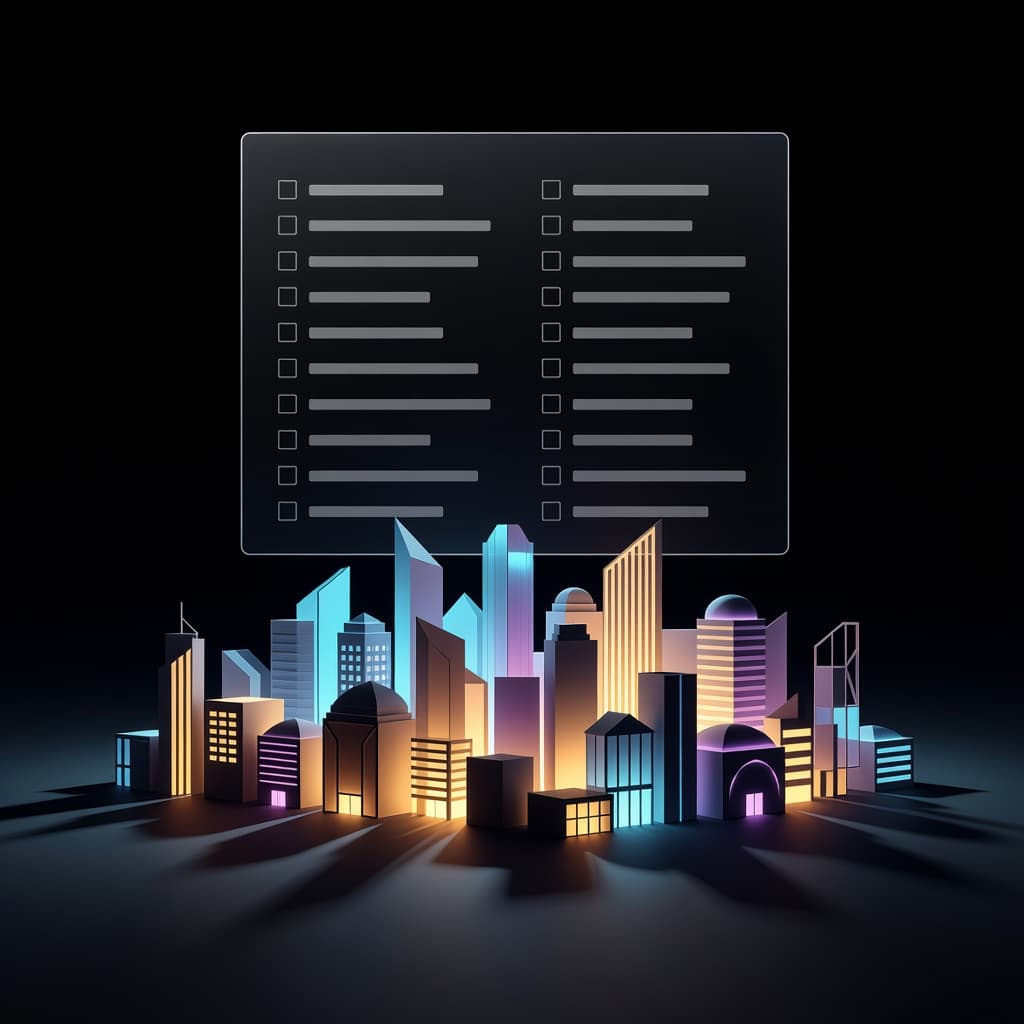 A translucent checklist floats above glowing geometric structures representing corporate entities. The scene features deep shadows and sharp contrast to emphasize the systematic tracking of market assets in modern finance.