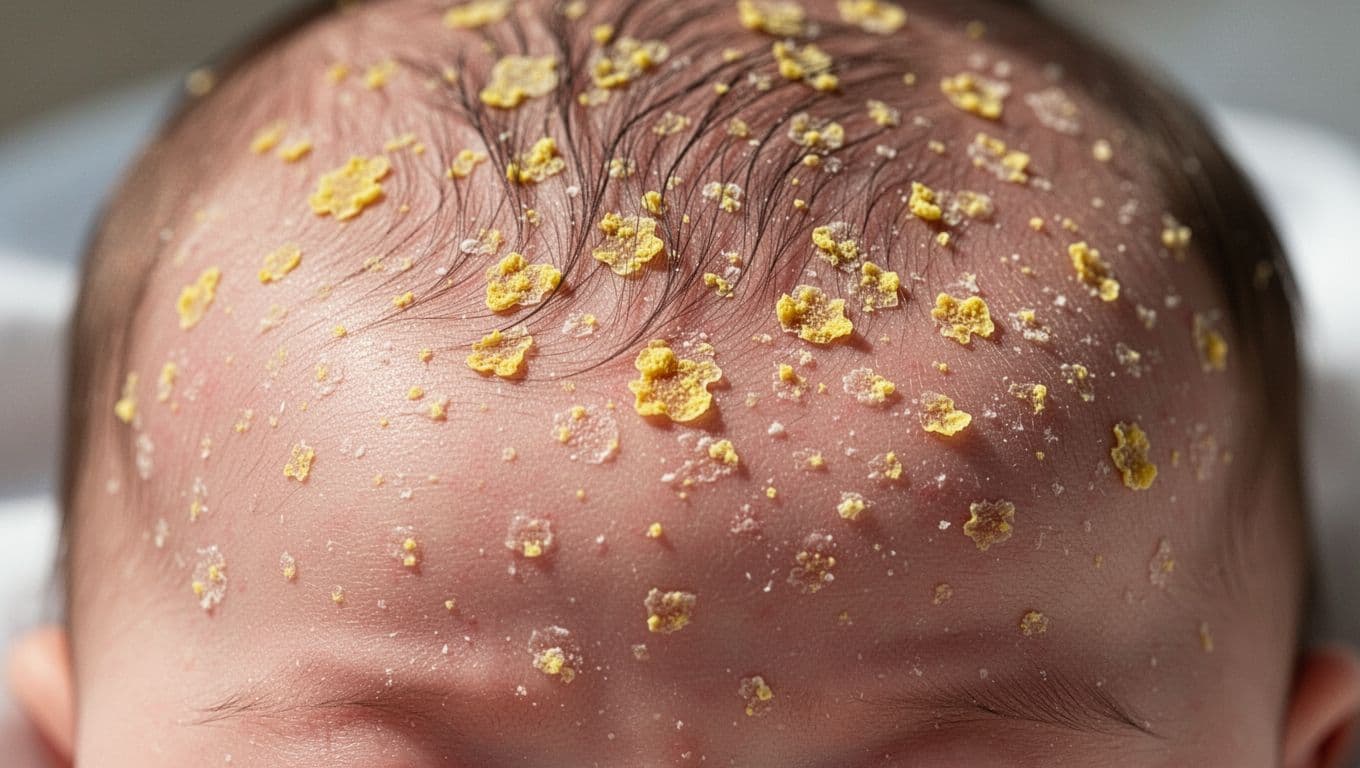 A close-up view of an infant scalp displaying visible yellowish, greasy, and crusty scales. The patches are clustered on the skin surface, captured with soft natural lighting and shallow focus.