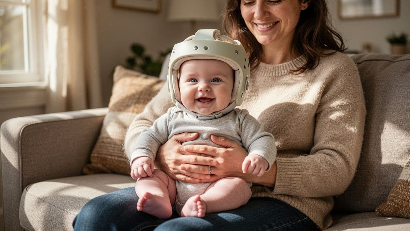 Six-month-old baby wearing cranial orthosis helmet sits happily on parent's lap in cozy living room.