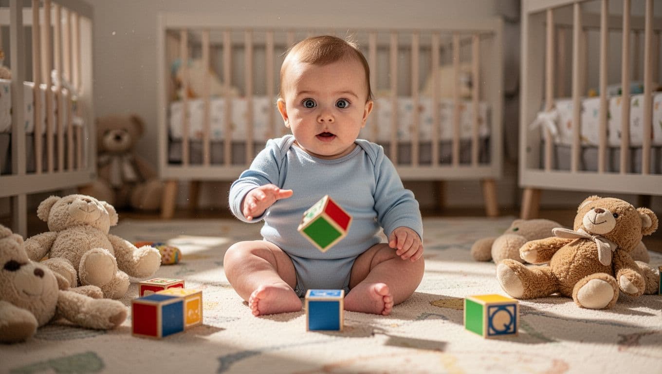 5-month-old baby on nursery floor drops colorful blocks repeatedly, wide eyes following each fall amid soft toys.
