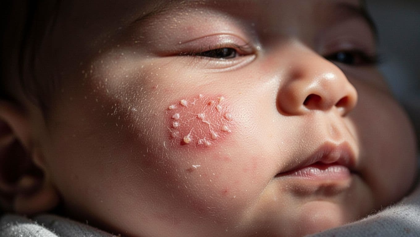 A close-up view of an infant cheek shows a patch of irritated skin characterized by redness, dryness, and a rough, textured appearance under dramatic lighting that emphasizes the uneven surface.