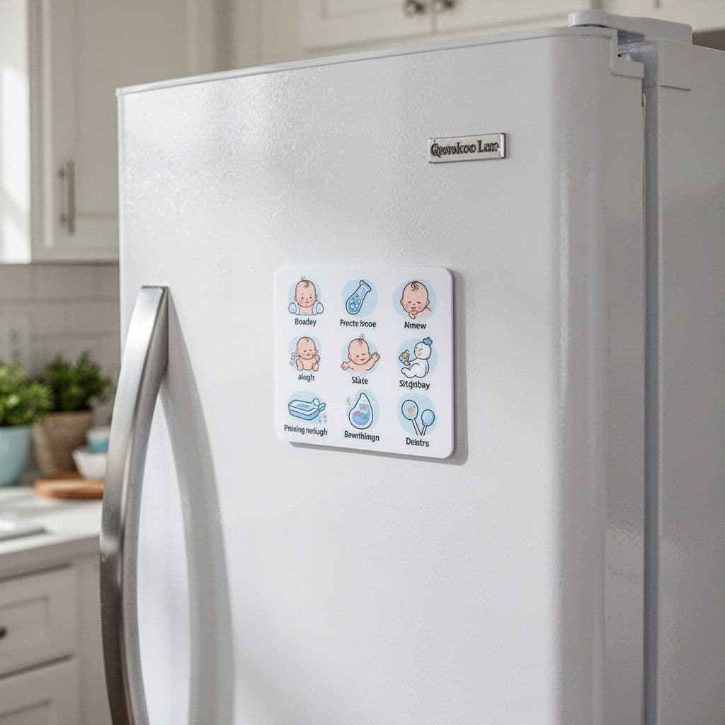 Clean refrigerator door with magnetic infant medical emergency plan under soft kitchen lighting.