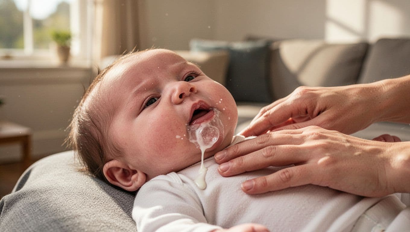 Infant with milk dribble and milky mucus bubble on chin, parent's hand patting back gently in living room.