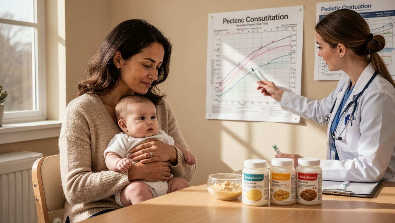 Parents hold baby as pediatrician, dietitian, and therapist review growth chart and food samples in warm clinic.
