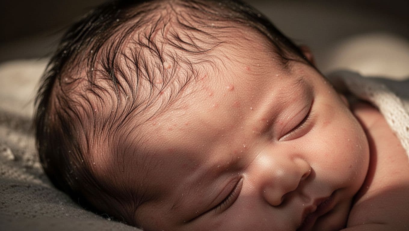 A close-up view shows a sleeping baby's head with fine, delicate patches of natural hair growth. The dramatic warm lighting emphasizes the soft texture of the scalp and individual strands.