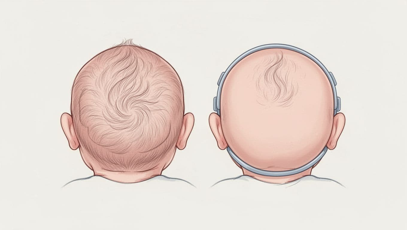 Side-by-side top views of infant heads: left with posterior flattening and ear misalignment, right symmetrical and rounded.