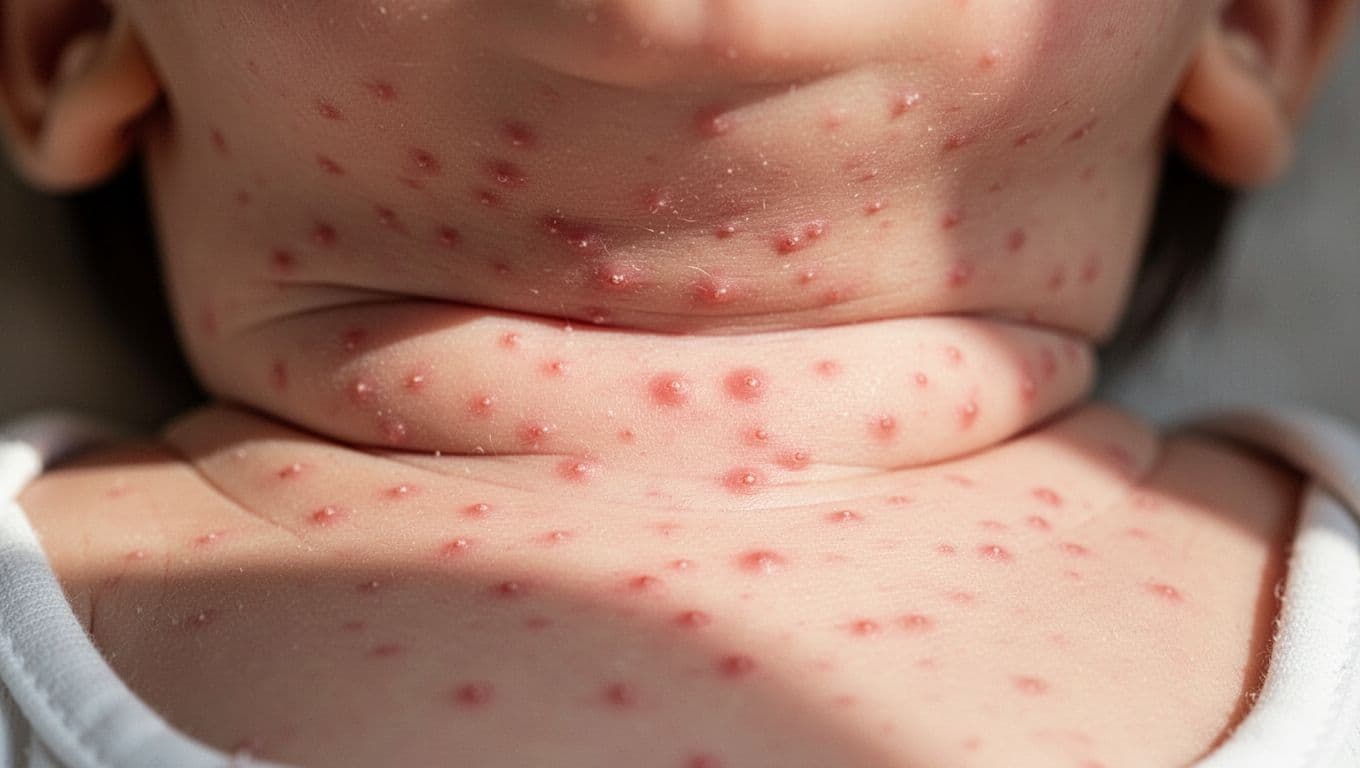 A close view of a baby's neck area displays several small red bumps clustered together on the skin. The soft focus background highlights the textured surface of the delicate dermal irritation.