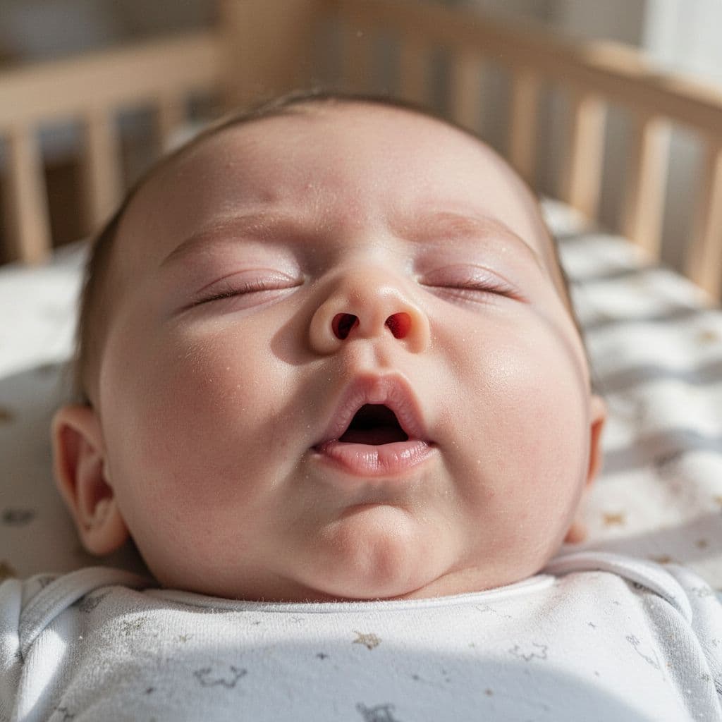 Close-up of infant's nose and mouth with nostrils flaring wide during inhalation in nursery.