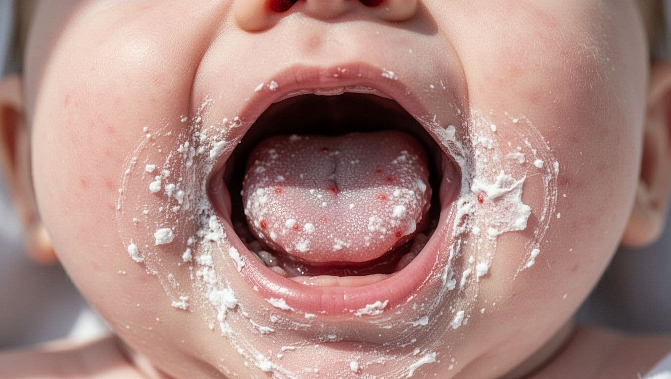 Close-up of infant's open mouth reveals thick patchy white thrush on tongue, cheeks, gums, and roof with subtle red irritated spots.