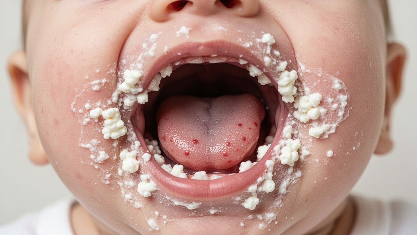 Infant's open mouth shows patchy thick white thrush lesions on tongue, cheeks, and gums like cottage cheese curds, with red areas underneath.