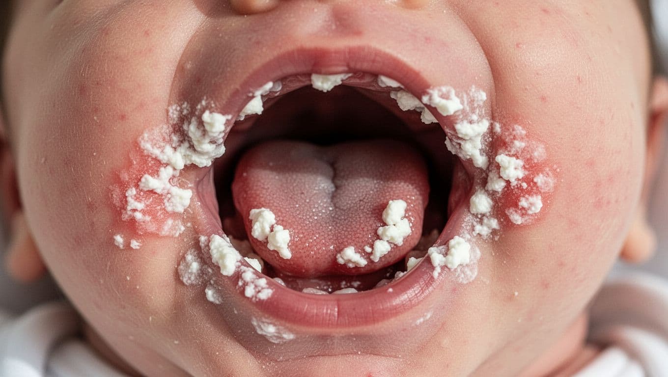 Close-up of newborn baby's open mouth with white cottage cheese-like thrush patches on tongue, cheeks, gums, and roof, red areas underneath.