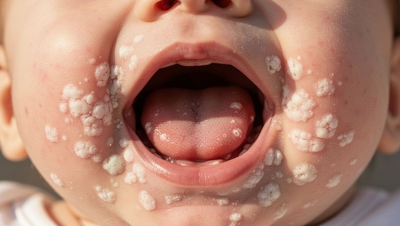White patchy lesions cover tongue and inner cheeks of a baby's open mouth.