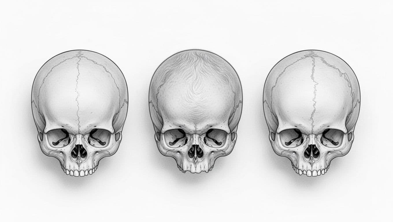 Top-down view shows three side-by-side infant skulls: normal round, flat back (brachycephaly), flat side (plagiocephaly).