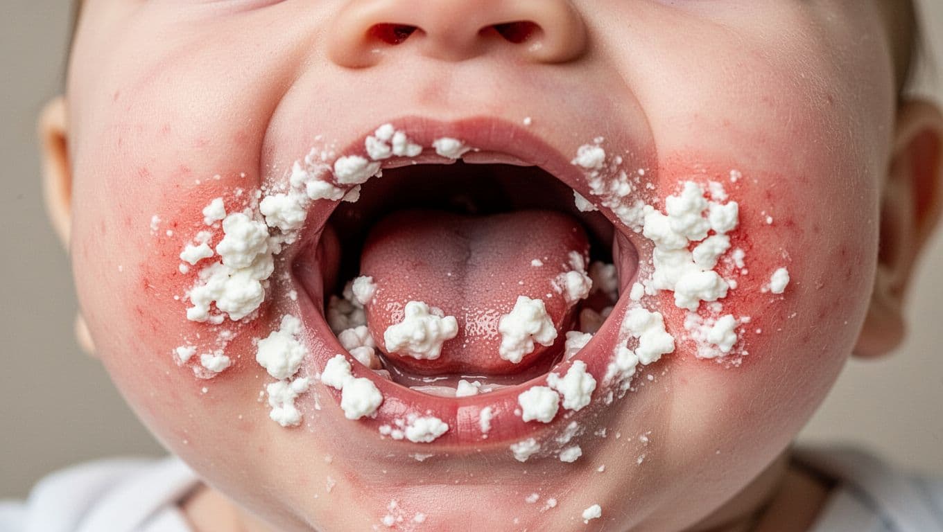Infant's open mouth shows thick white thrush patches on tongue, cheeks, and gums with red skin underneath.