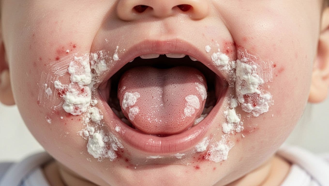 Close-up of infant mouth with thick white thrush patches on tongue, cheeks, and gums, revealing red irritated skin underneath.