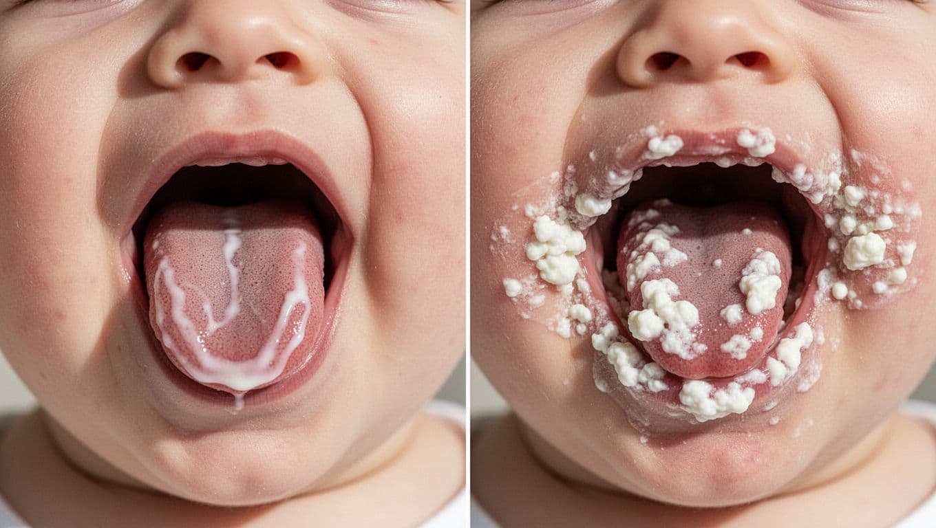 Side-by-side close-up: left infant tongue with thin even white milk film, right with thick patchy white plaques on tongue and cheeks.
