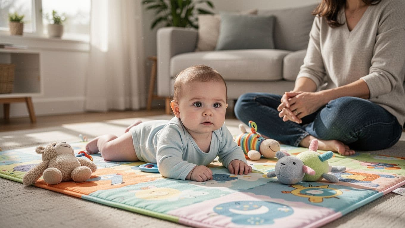 Infant lies on stomach on colorful play mat in living room, toys nearby, parent sitting watchfully.